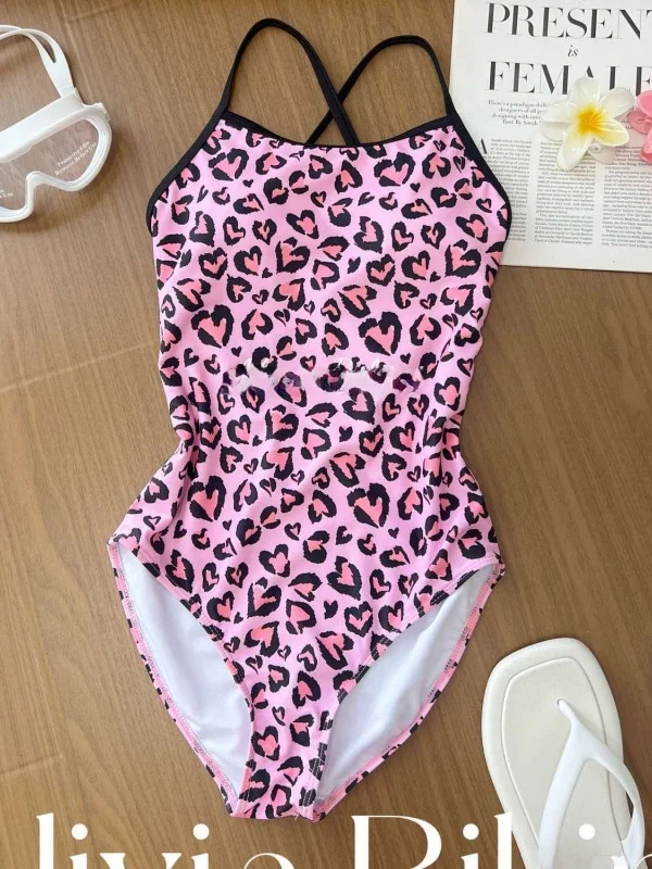 

Розовый купальник-комбинезон с леопардовым принтом, сексуальный, для соревнований, быстросохнущий, средней эластичности, для бассейна, женский