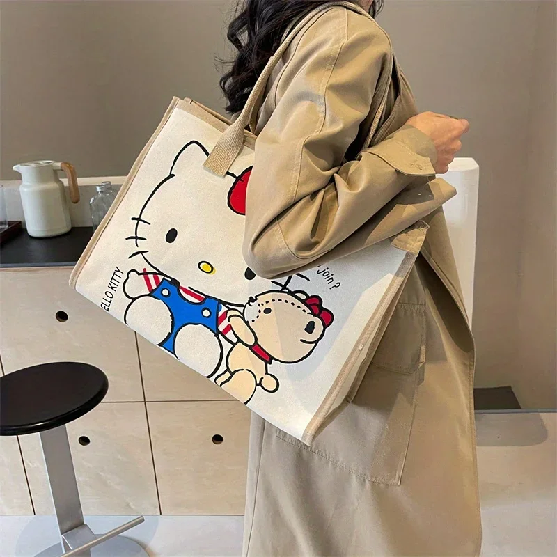 Sanrio Hello Kitty Canvas Tote Bag, Cute Durable Shoulder Bag for Work Travel Daily Use Casual Handbag