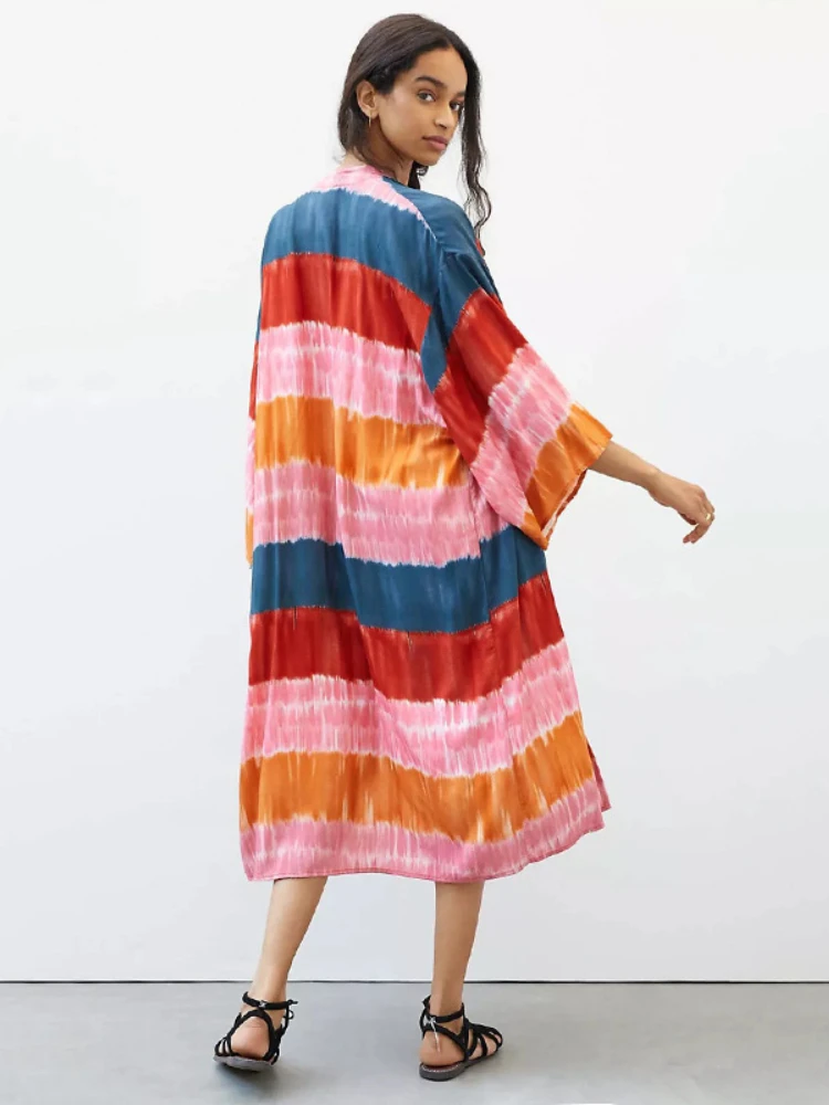 Strand Kimono Vrouwen Jurk Rainbow Gestreepte Tie Dye Badpak Cover Up Self Belted Summer Holiday Beachwear Badpakken