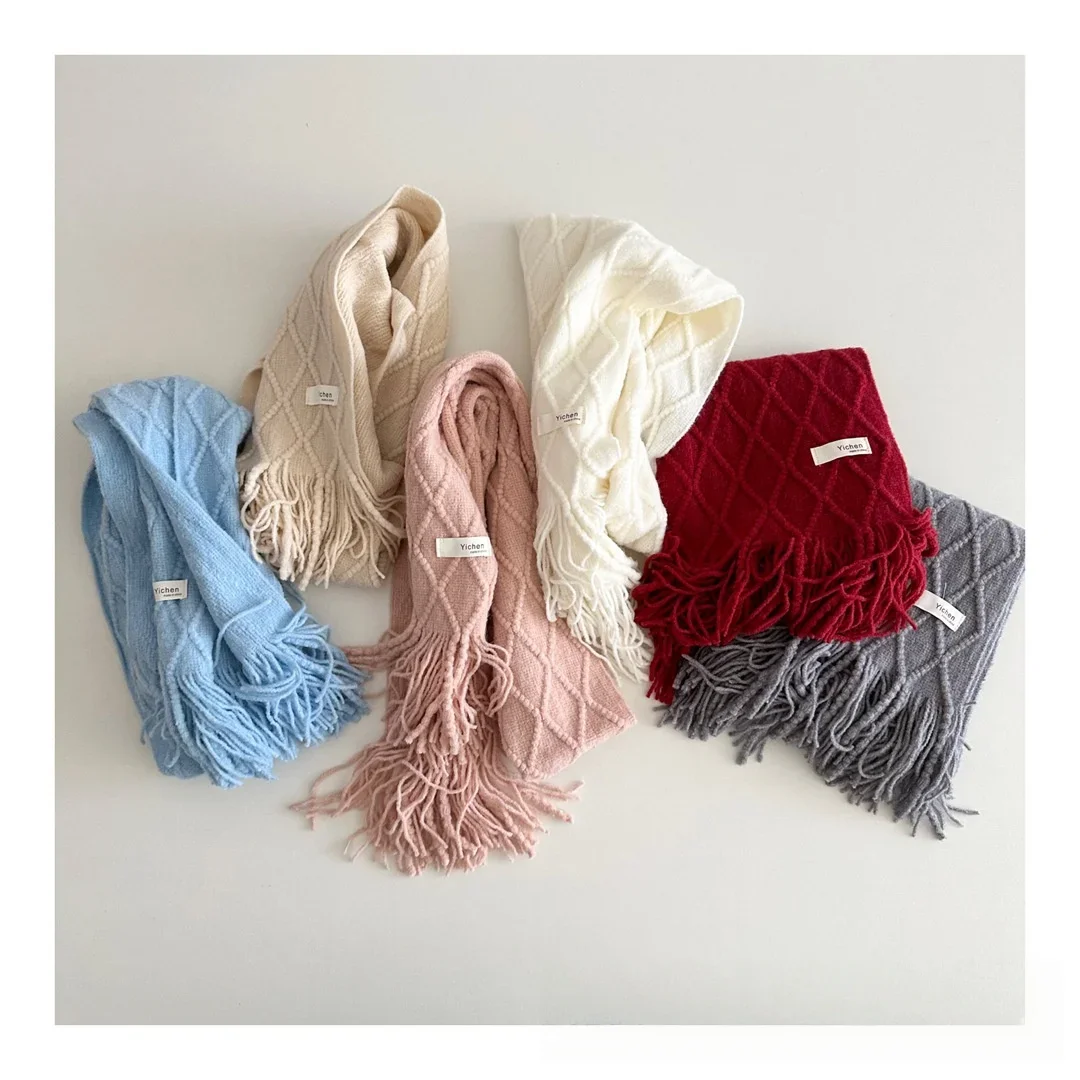 أطفال بنين بنات شتاء دافئ وشاح 0-6Y اكسسوارات الطفل الماس نمط محبوك بلون شرابة الأوشحة لملابس أطفال #1