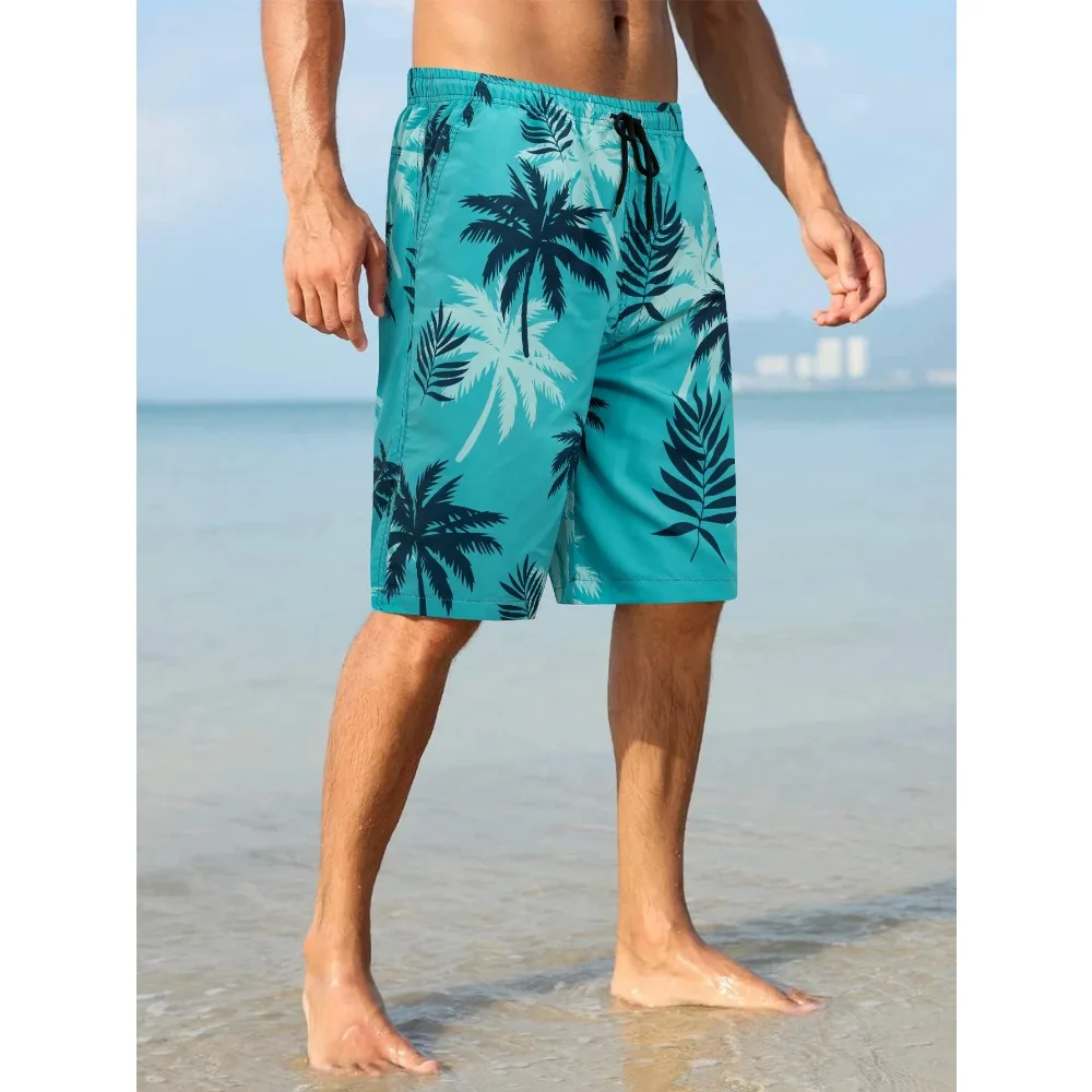 Mens Board Shorts Palm Tree Print Swim Trunks, Beach Shorts with Pockets for Men