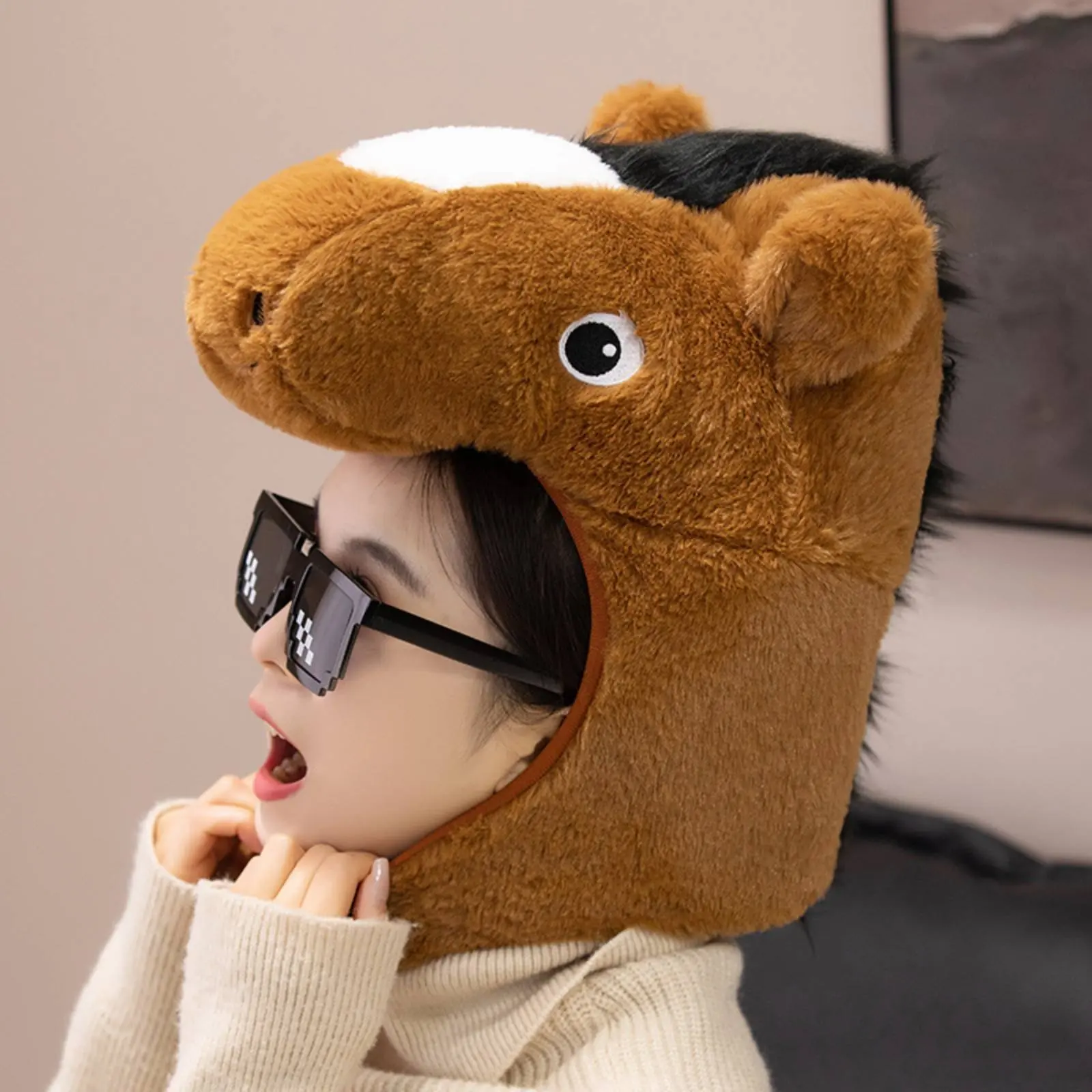 Sombrero suave con forma de cabeza de caballo, disfraz de criatura, relleno de algodón PP, accesorio novedoso para la cabeza, ajuste cómodo para adolescentes