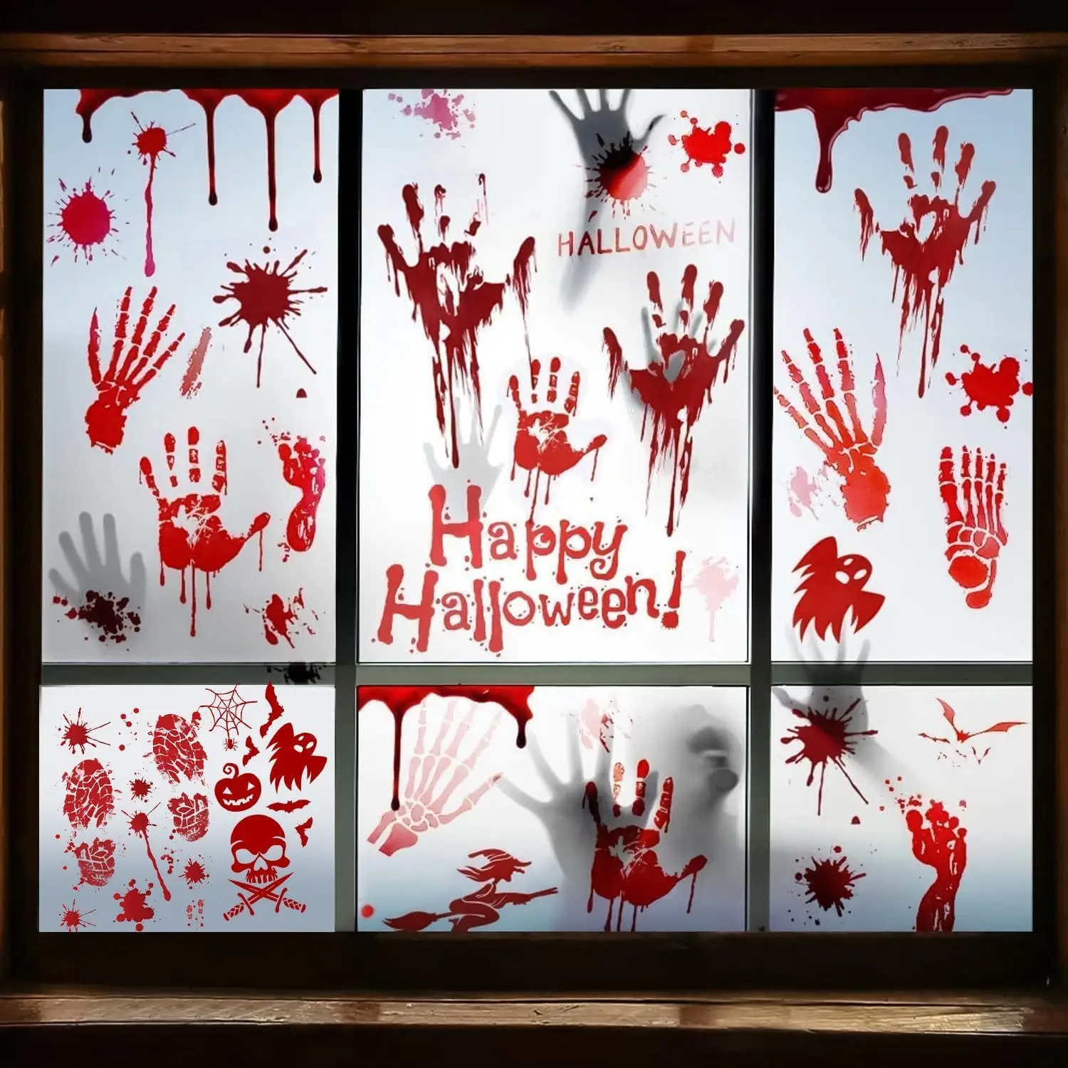 Halloween Decorations, 8 Sheet/95Pcs Bloody Handprint Footprint Wall Decal Floor Clings, Horror Handprint Home PVC Halloween Decoration Window Stickers