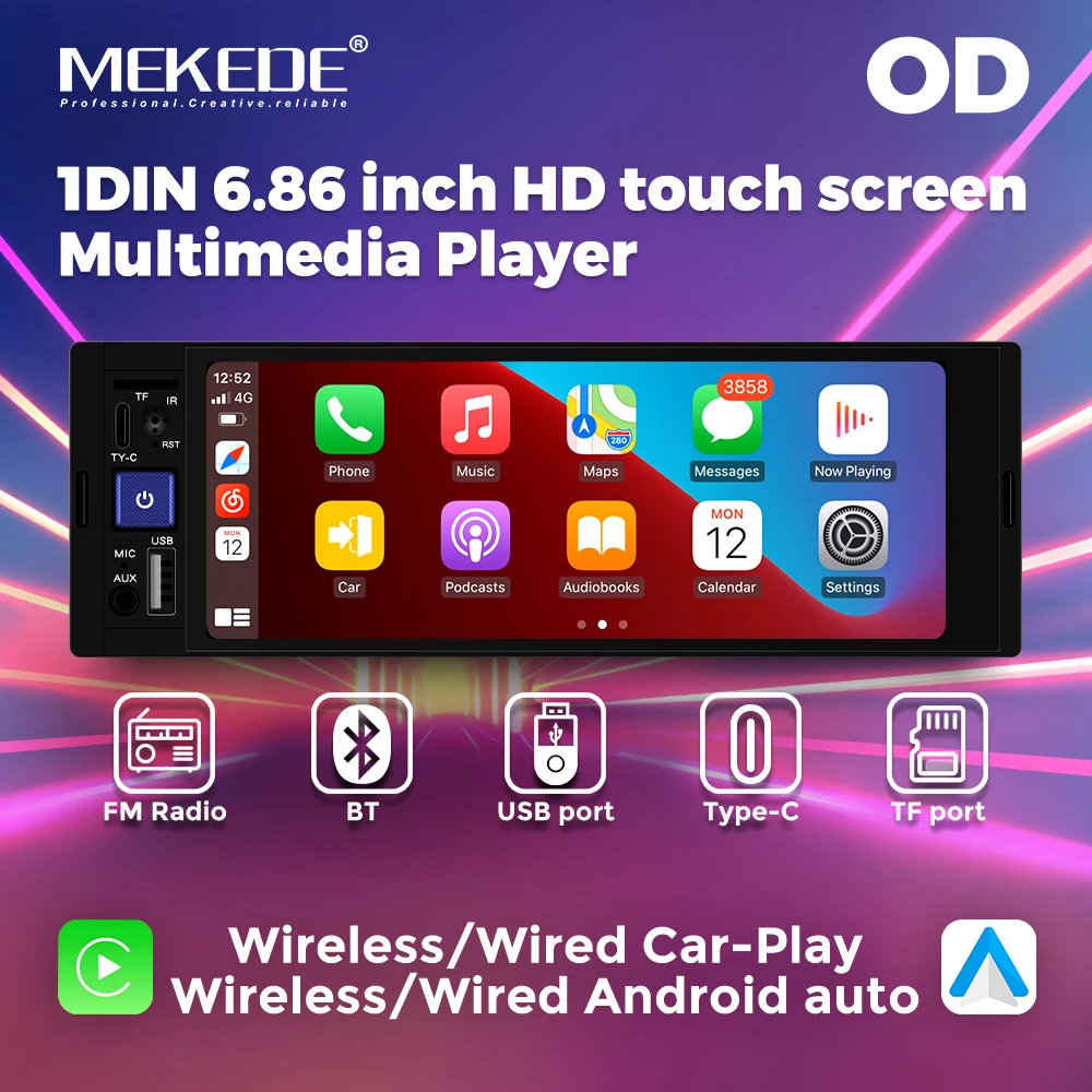 1DIN 6.86-inch Wireless CarPlay Auto HD touch screen multimedia player Universal Car FM Radio Stereo MP5 BT USB TF port Camera