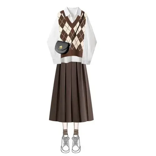 Autumn and Winter New Diamond Splicing Vest Knitted Vest White Shirt Pleated Skirt Three Piece Set Elegant Women's Skirt Set - Image 6