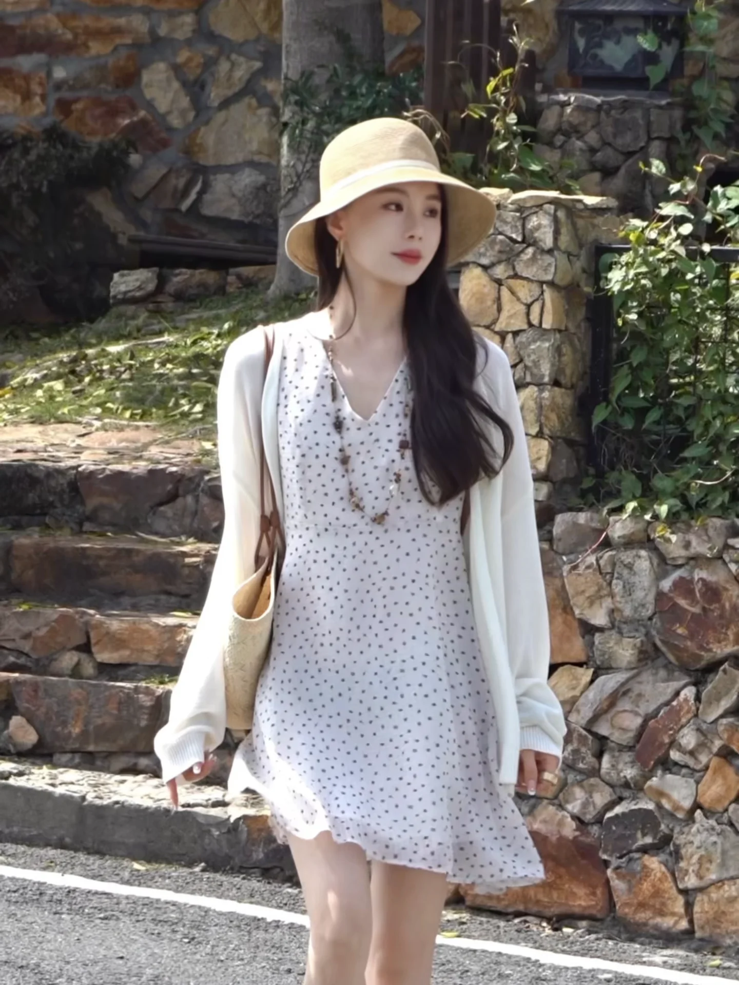 

Iris Cartoon Skirt Women's Summer Slim Fit Polka Dot White A-Line Dress Zipper Closure Elastic Waist Long Sleeve round Neck