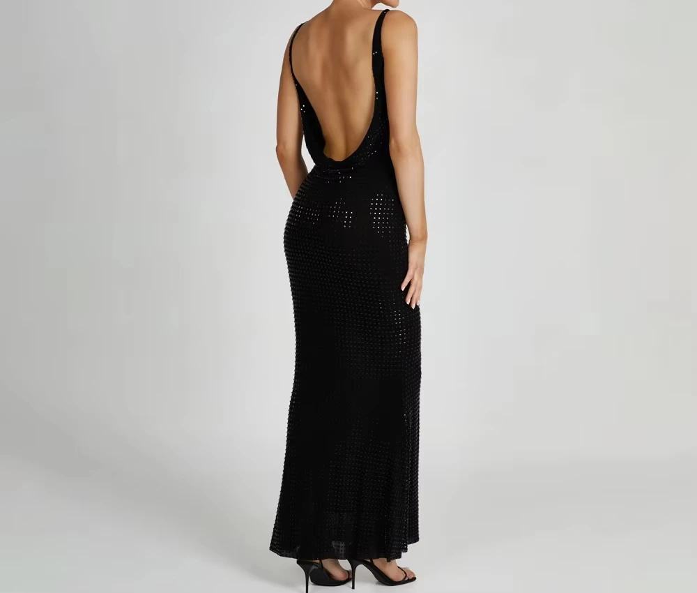 Novo feminino preto sexy sem mangas luxo strass decoração malha transparente longo festa de noite vestidos de baile