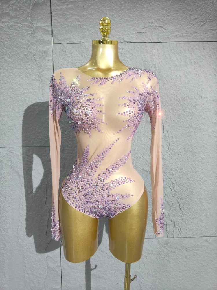2025 Rhinestones Sexy Mesh Transparent Stretch Bodysuit Women Evening Birthday Party Bar Nightclub Stage Performance Costume