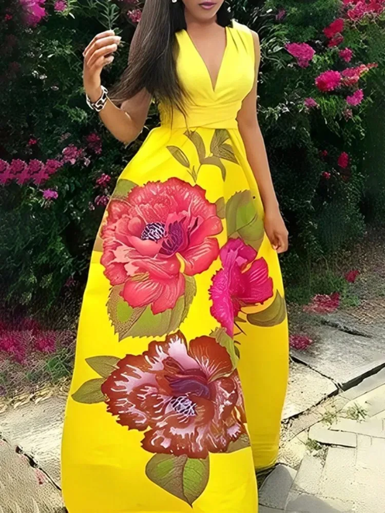 Robe longue de soirée pour femmes, sans manches, décolleté en v profond, robe de bal élégante, imprimé Floral, ligne a