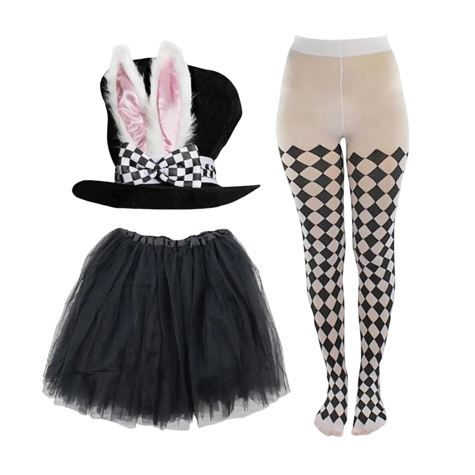 Novedad, conjunto de medias y falda de Pascua, sombrero de copa, disfraces con Orejas de conejo, tocado con lazo a cuadros para fiesta, vacaciones, Cosplay, cumpleaños