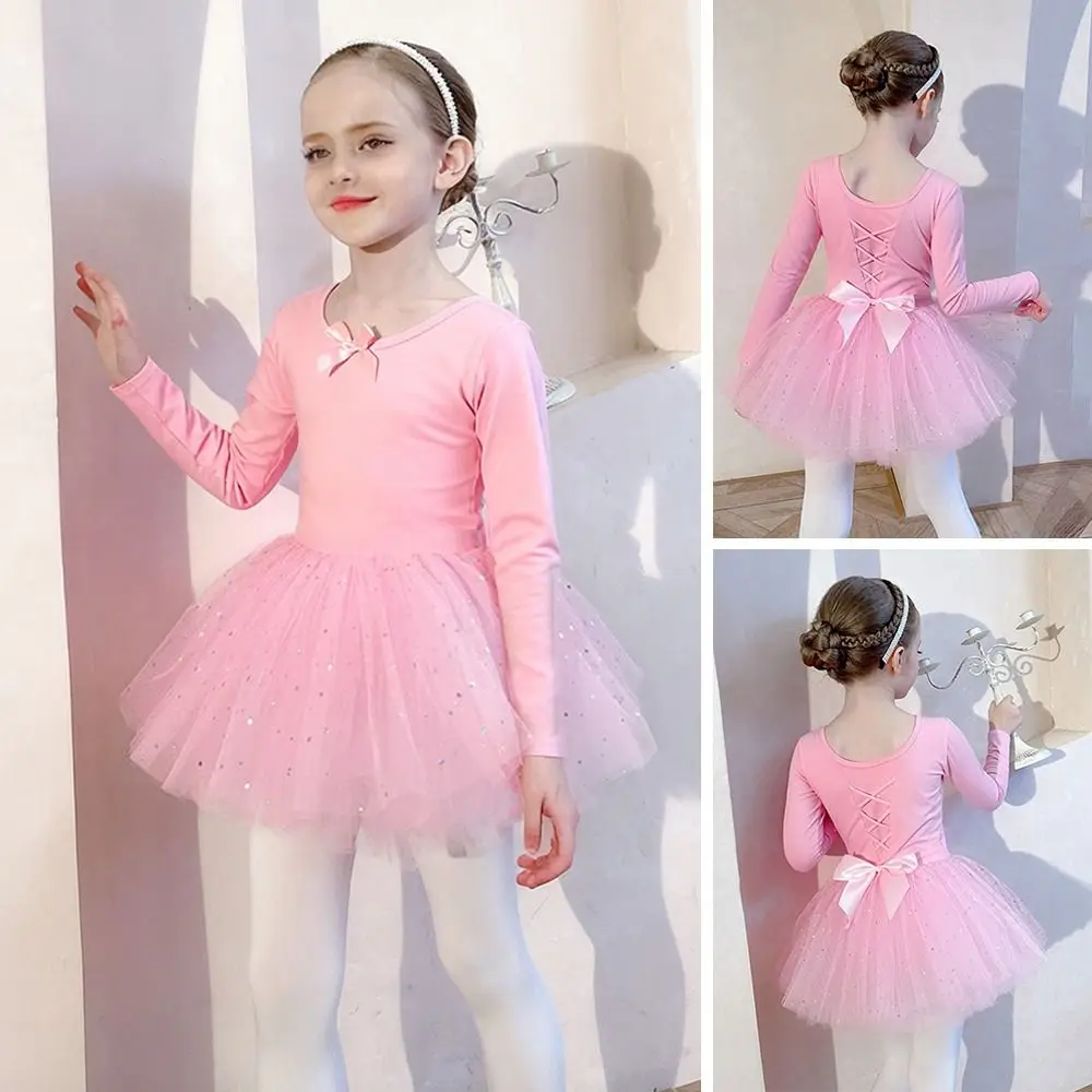 Fashion Long Sleeve Kids Ballet Dress Cotton Bowknot Performance Clothes Party Dress Sequins Dance Costumes Children
