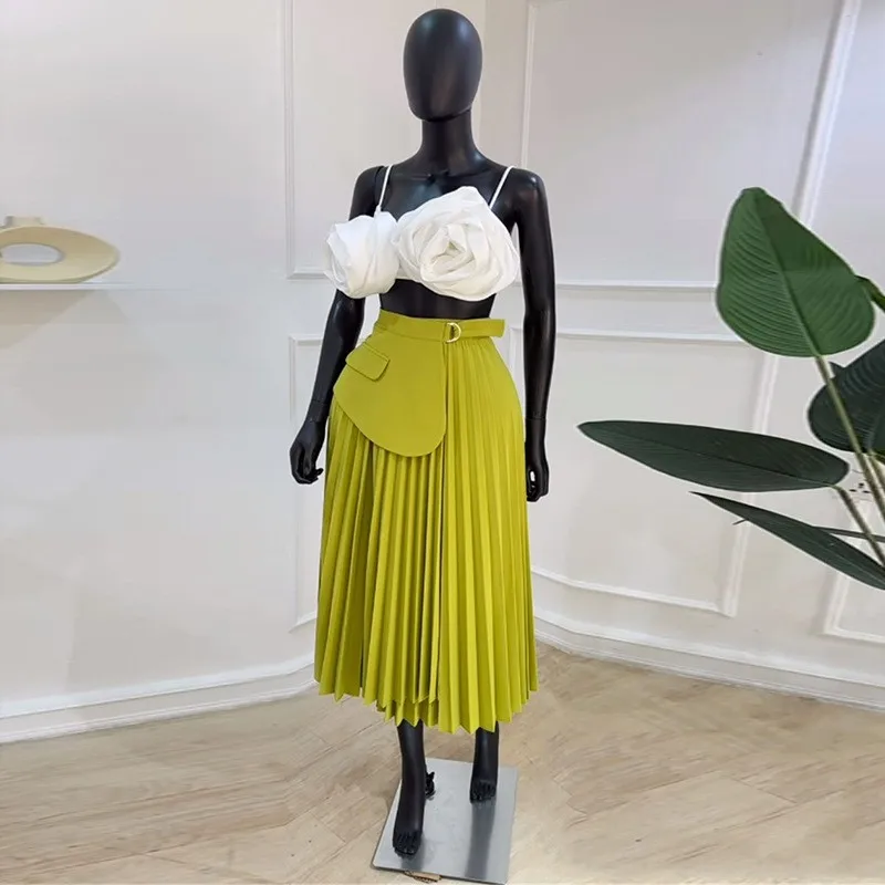 

Summer Women Skirt High Waist Asymmetrical Midi Length Skirts Crinkled Solid Color Pleated Skirt Olive Green Belted Skirt