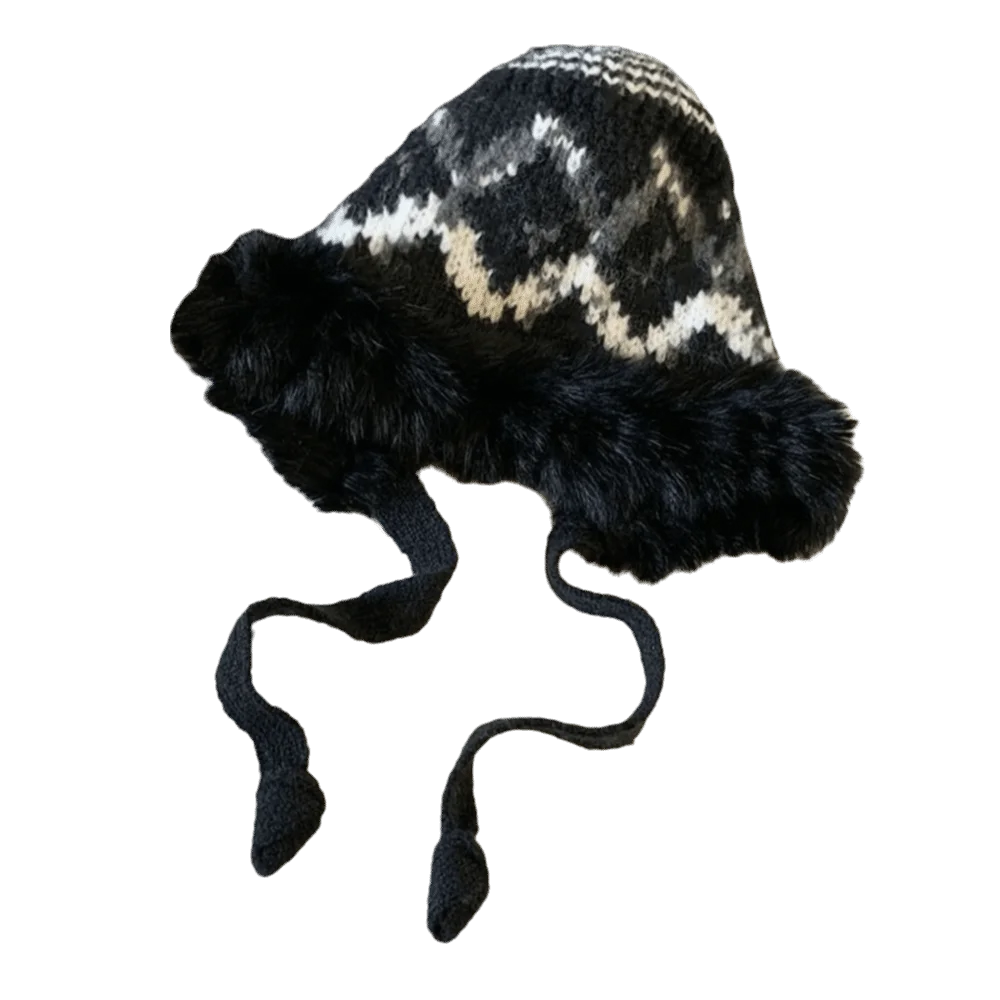 

Fashion Ethnic Style Knitted Plush Hat Thicken Warm Pullover Beanie Hat Windproof Retro Faux Fur Lei Feng Hat Girls