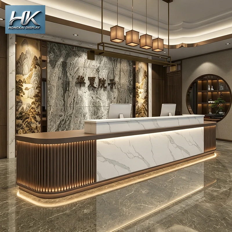 Custom Design Modern Eco-Friendly Reception Desk High Quality Durable Commercial Service Counter Hospital Hotel Stylish