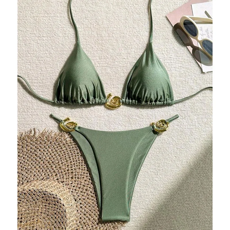 Microbikini de Metal para mujer, traje de baño Sexy con cordones y cuello Halter triangular, conjunto de Bikini con Tanga de corte alto, traje de baño para playa, conjunto de 2 piezas