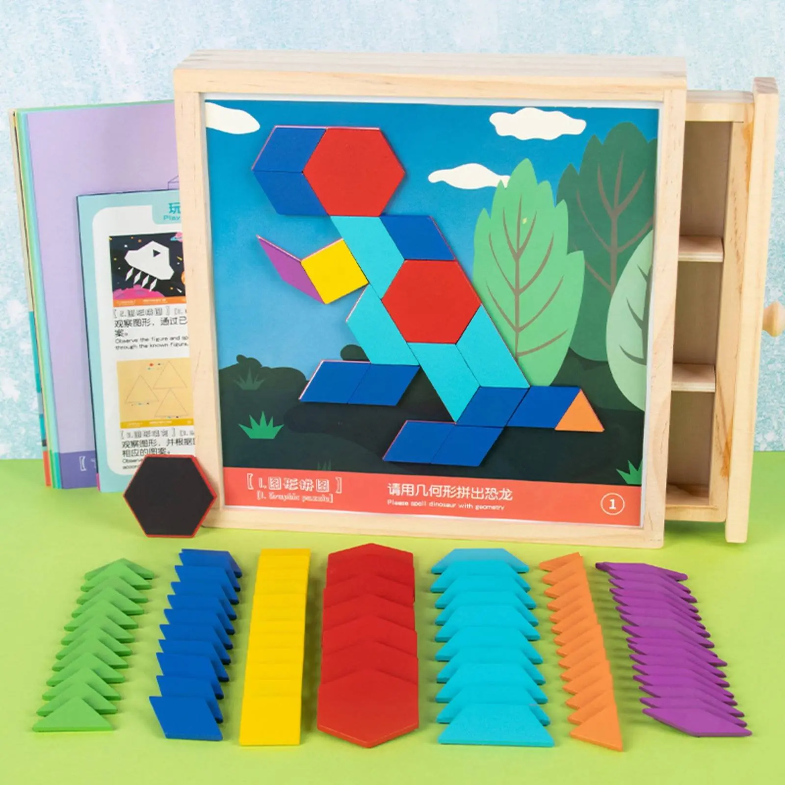 Wooden Tangram Shape Game Box Educational Attractive Tangram Set Geometric Block Shape Game Easy Storage Attractive Pattern