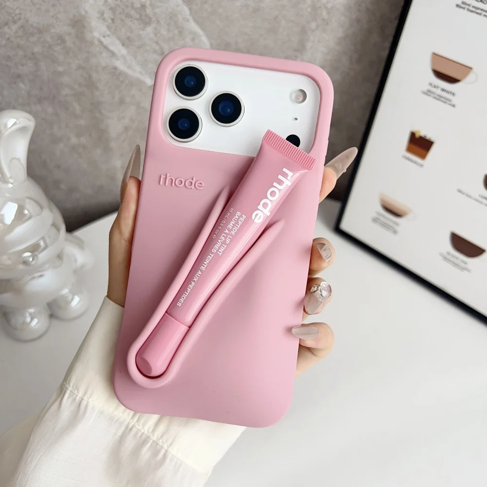 Coque de téléphone tendance en silicone gris avec support pour rouge à lèvres et ruban, pour iPhone 17 16 15 14 13 12 11 Pro Max Plus