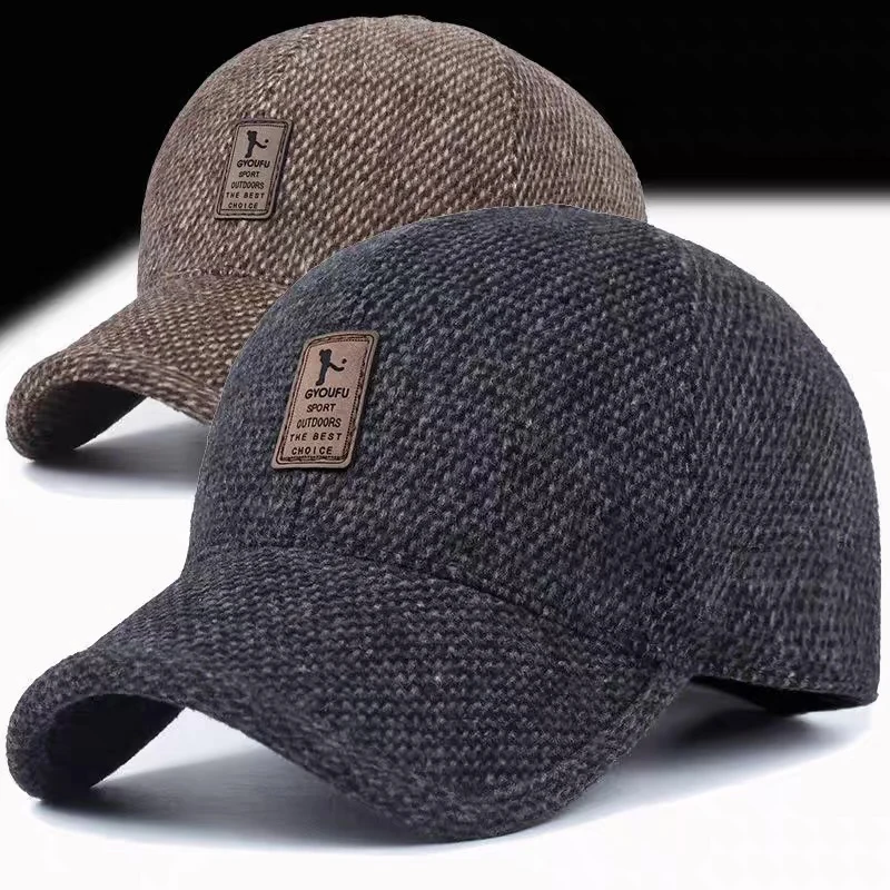 Fashion Baseball Cap Woolen Knitted Winter Ear Cover Baseball Cap Men Thicken Warm Hats with Earflaps Sport Golf Hats Snapback