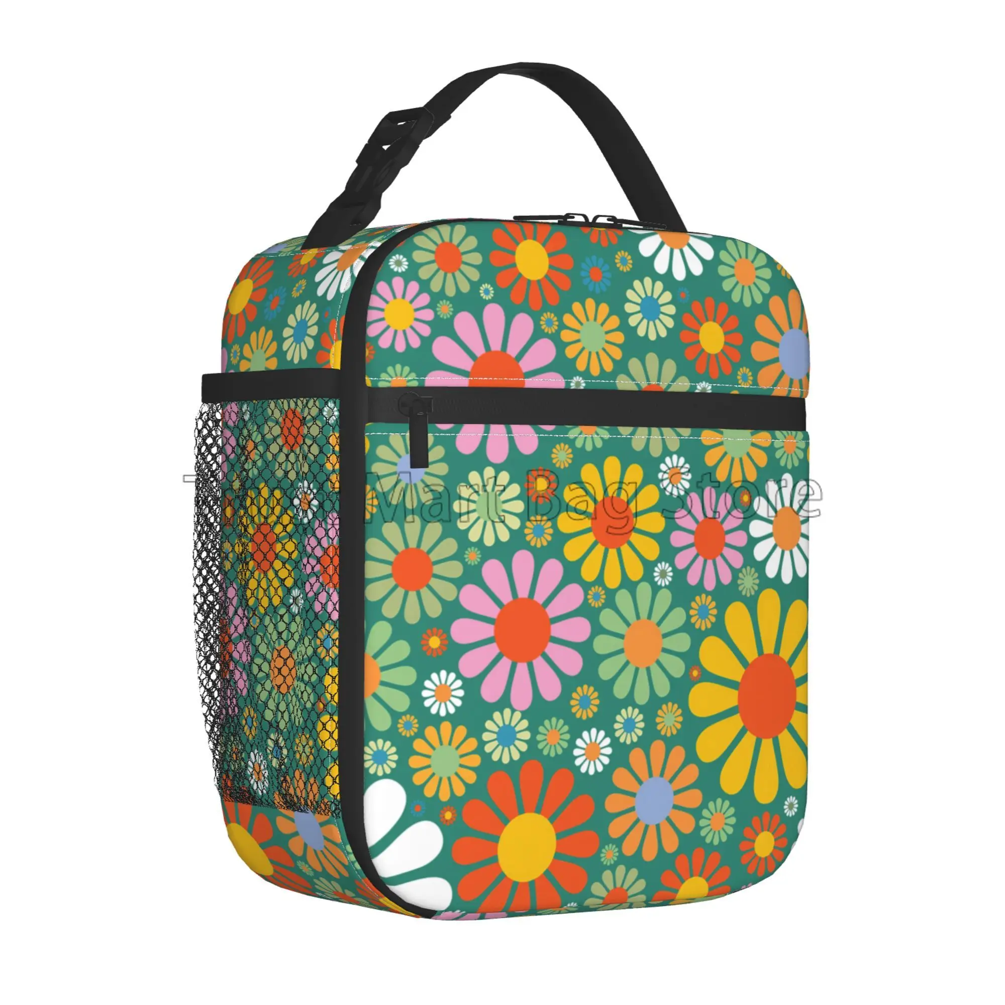 Abstract Hippie Flower Kids Insulated Lunch Bag Protable Thermal Tote Bag Reusable Cooler Bento Tote Bag for Travel Work Picnic