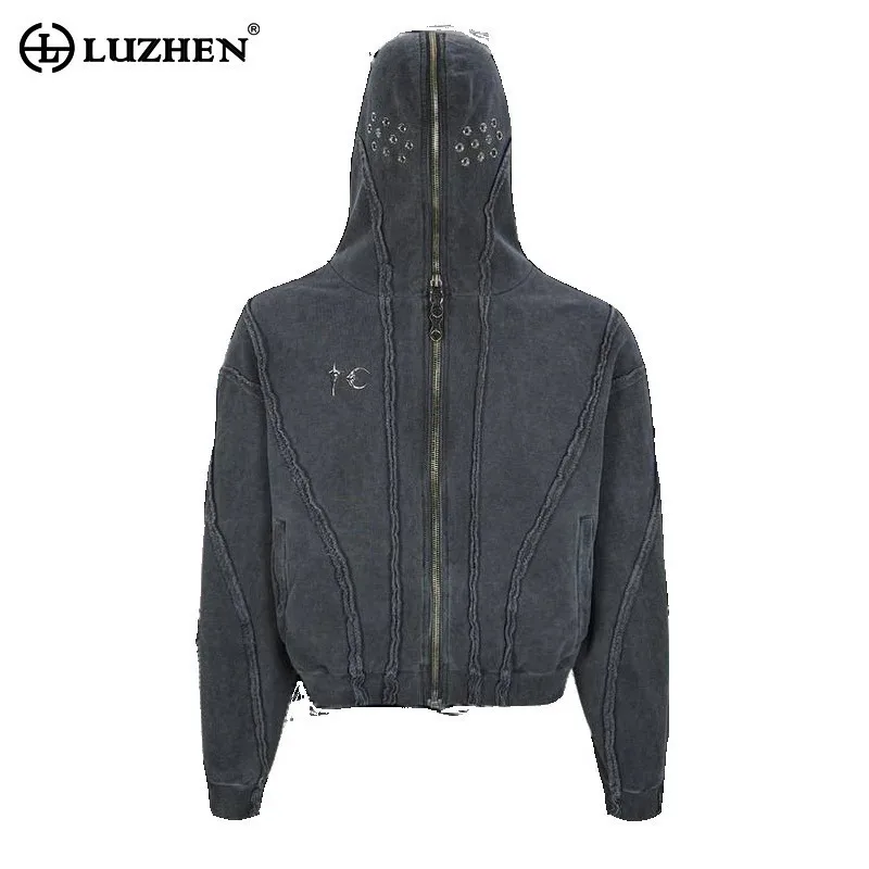 

LUZHEN Hooded Jacket Personalized Metal Zipper Patchwork Burr Design Washed Streetwear Fashion 2024 Autumn New Male Coats LZ5260