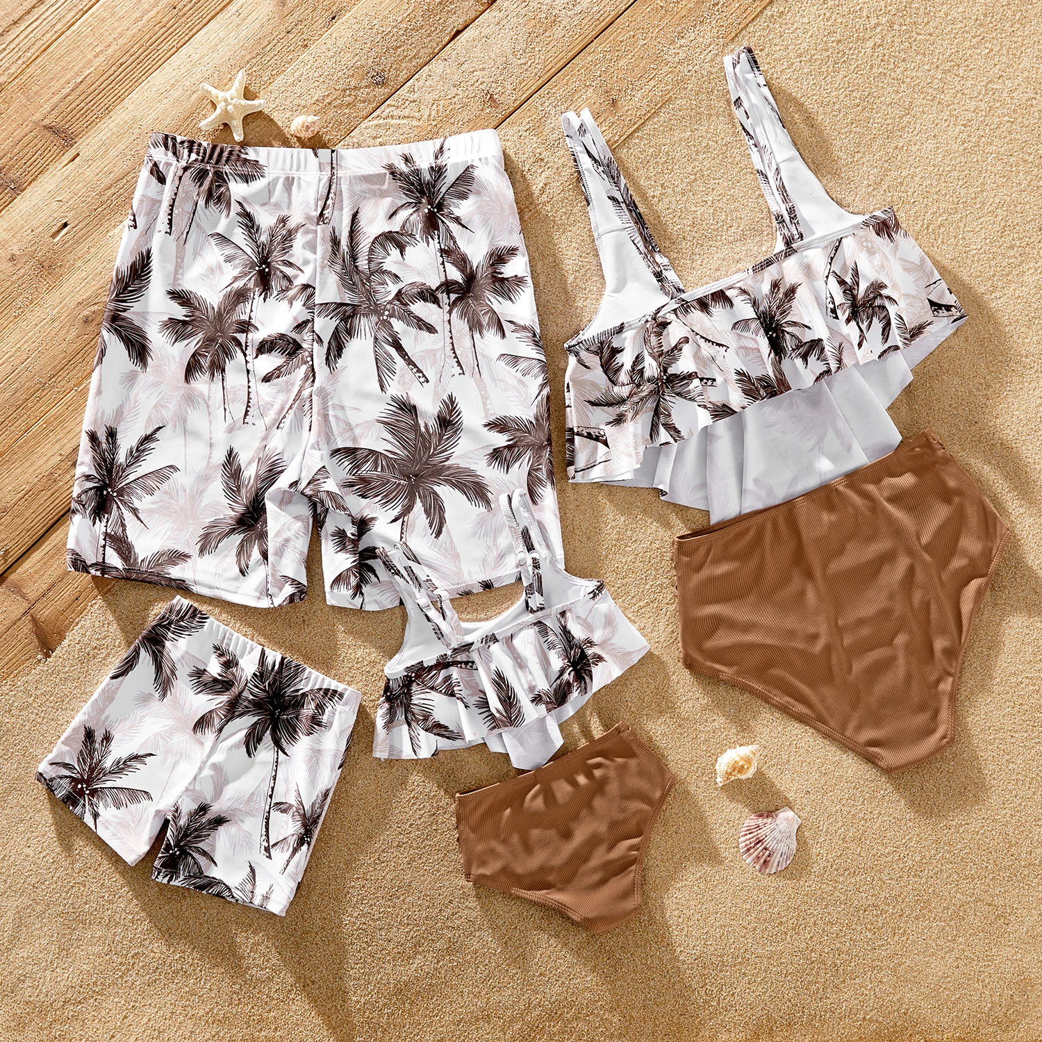 PatPat Family Matching Outfits Swimwears Allover Coconut Tree Print Spliced Ruched One-piece Swimsuit and Swim Trunks