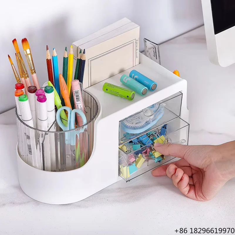 Multifunction 2 Drawers Plastic Desk Organizer With Rotating Pen Holder Household Items New Design for Office Organization
