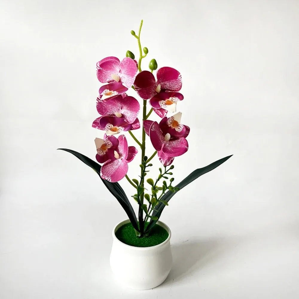 5 Heads Artificial Orchid Potted Flower with White Pot Pink Simulated Flower Butterfly Orchid Potted Plastic Multi-Bloom