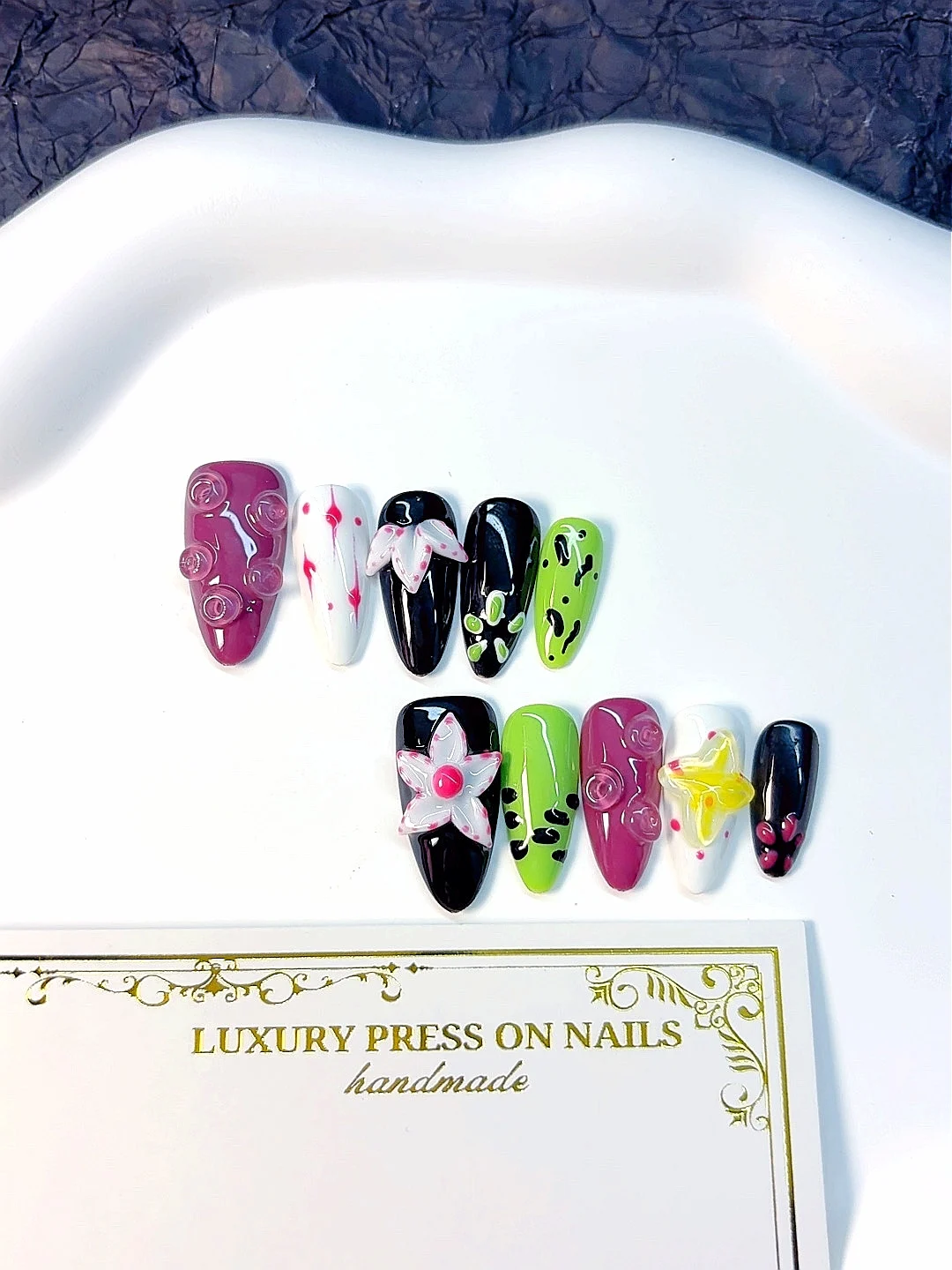 Multi-Colored Three-Dimensional Flower Mid-Length Almond-Shaped Press-On Nails (D248)