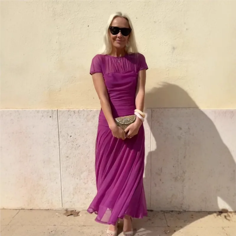 

2026 New Summer Short Sleeved Dress Casual, Loose, Elegant With Mesh, Solid Color, Sexy And Suitable For Party Fashion Vestidos