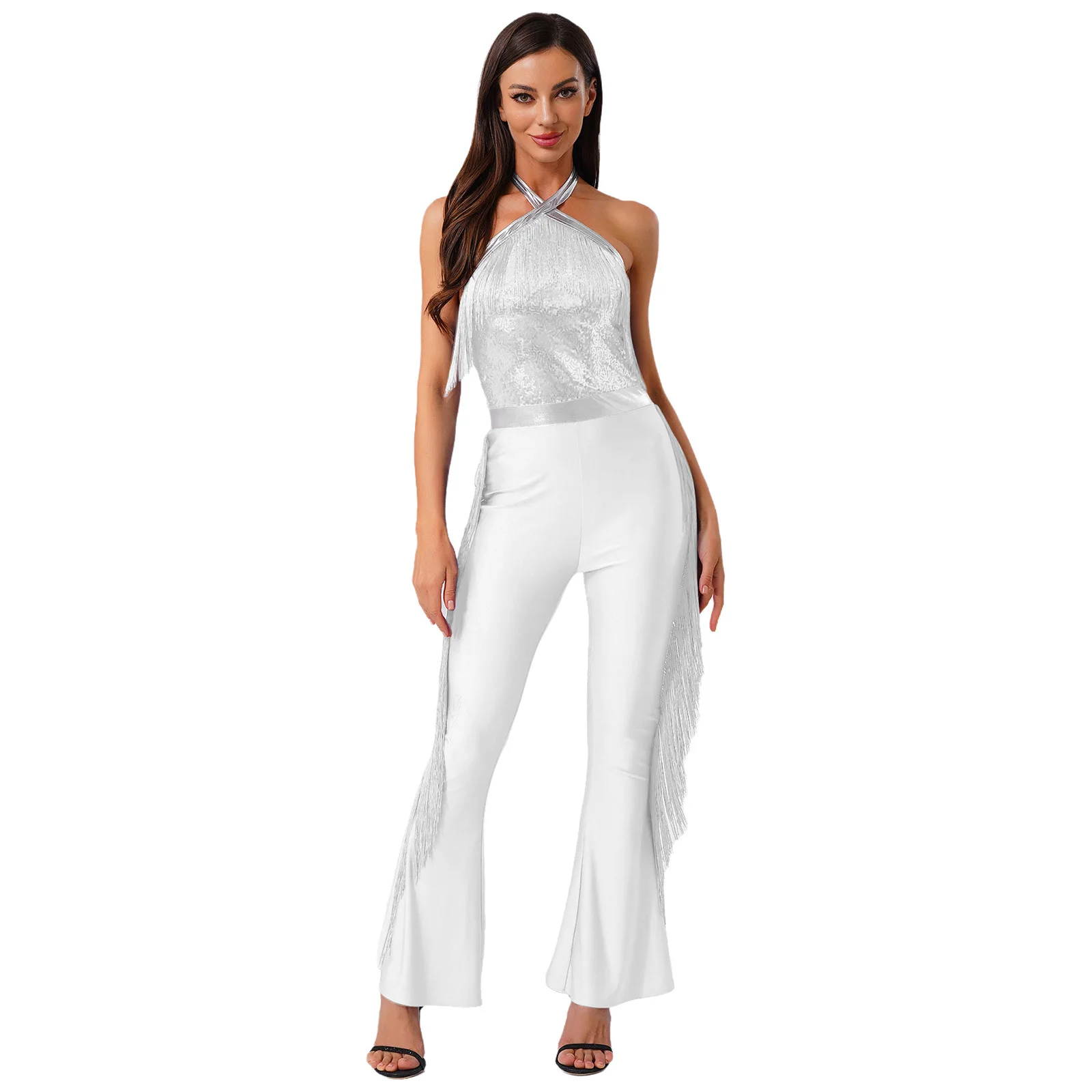 

Womens 70s Disco Party Jumpsuit Halter Shiny Sequins Tassel Flared Pants Latin Jazz Dance Rompers Rave Festival Prom Clubwear