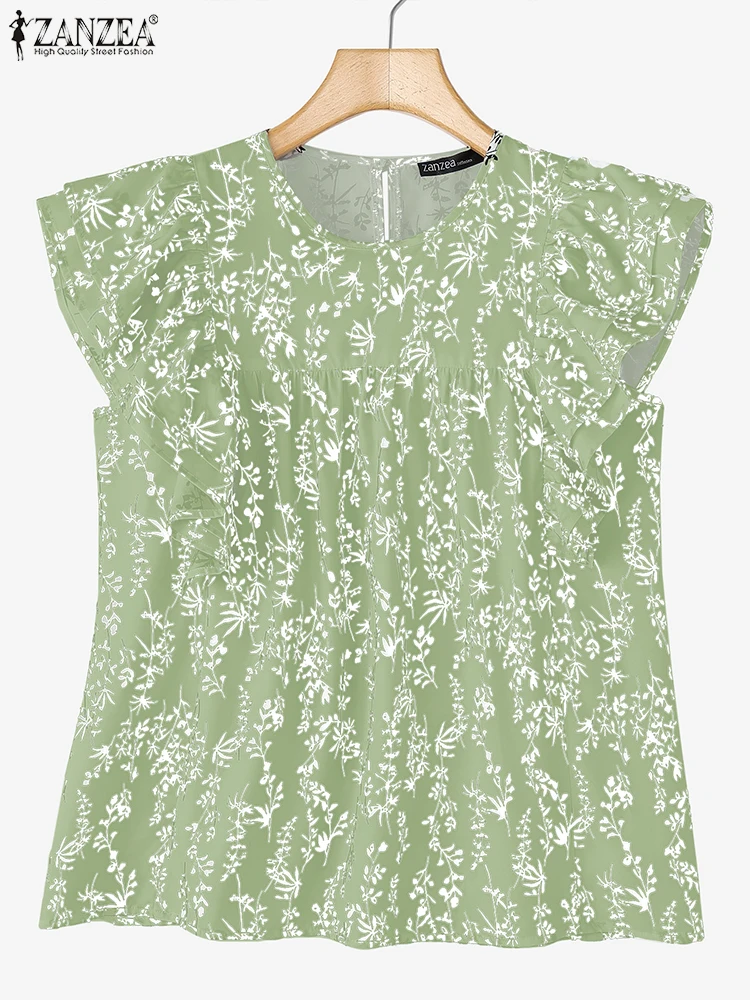 ZANZEA 2023 Sommer Frauen Tunika Bluse Kurzarm Rüschen Shirts Fashion Floral Gedruckt Casual Tops Lose Böhmischen Blusas Femme