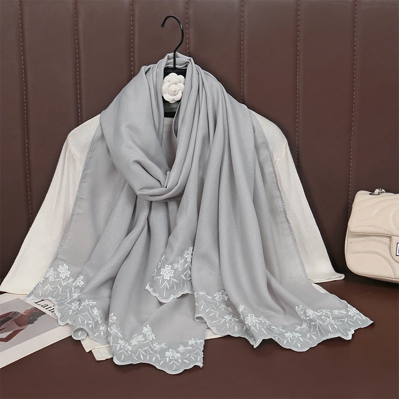 

Muslim Women Hijab Shawl Ramadan Solid Color Embroider Outdoor Scarf 70x180cm Fashion Headband Wrap Islam