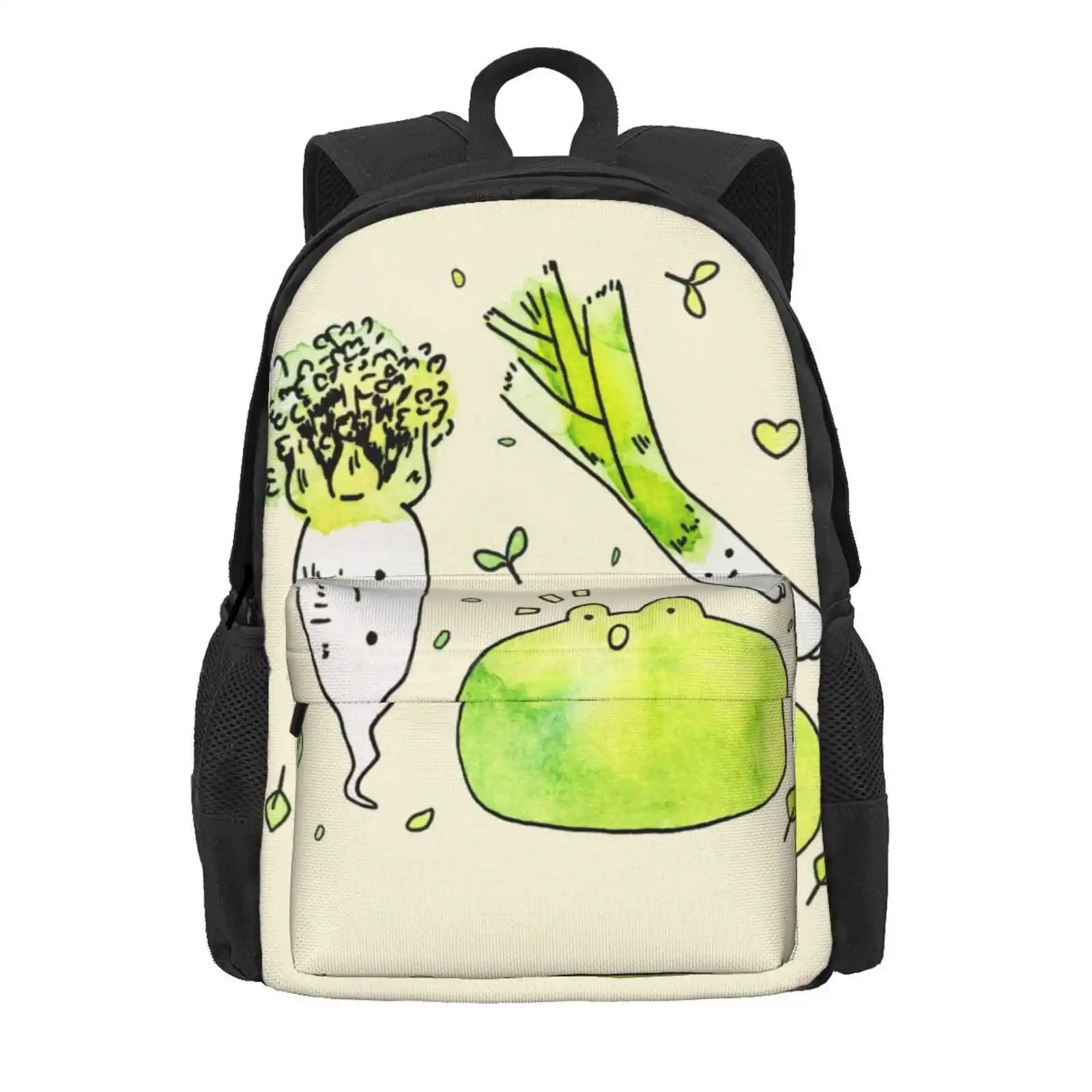 Frog And Veggies Hot Sale Schoolbag Backpack Fashion Bags Frog Leek Botanical Anime Manga Kawaii Aesthetic Green Watercolor