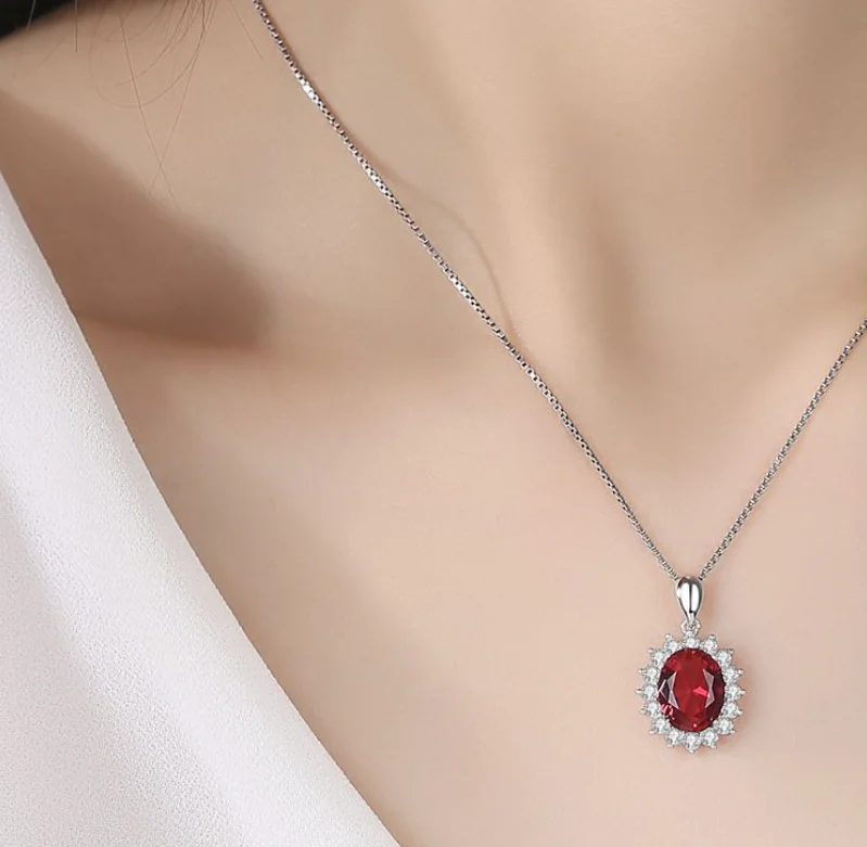 Princess Diana Created Red Ruby Natural Garnet 925 Silver Pendant Necklace For Women Oval Gemstone Fine Jewelry Choker de Prata