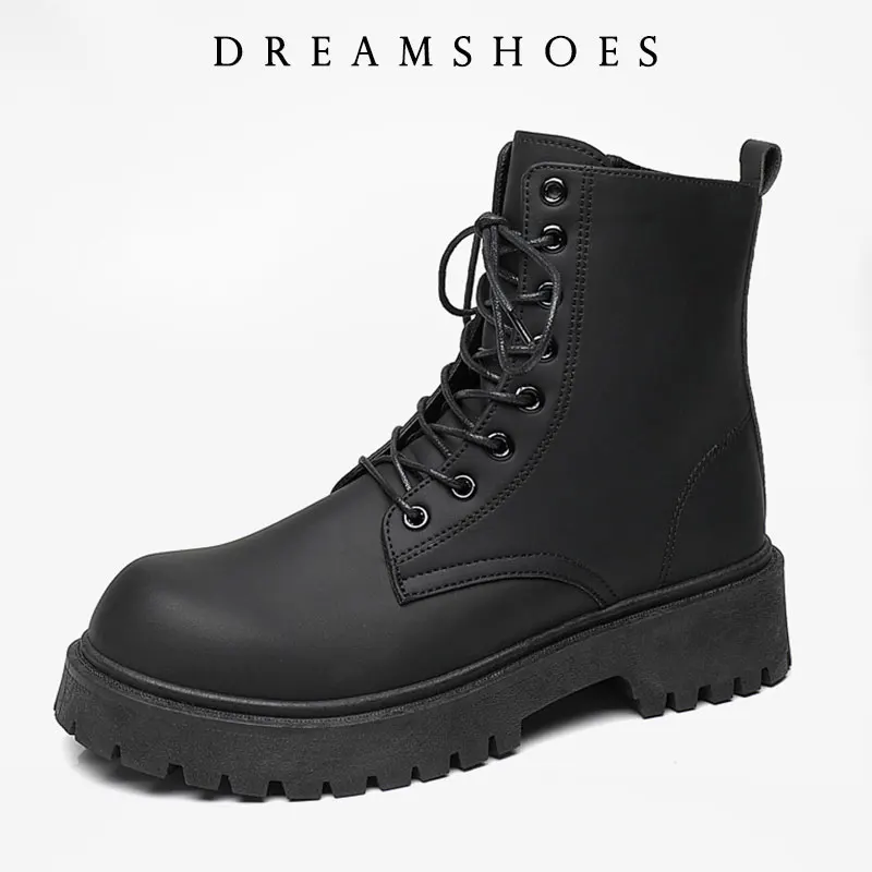 

2025 Leather Boots for Men High Top Platform Lace Up Light Fashion Motorcycle Boots British Style Men's Waterproof Casual Boots