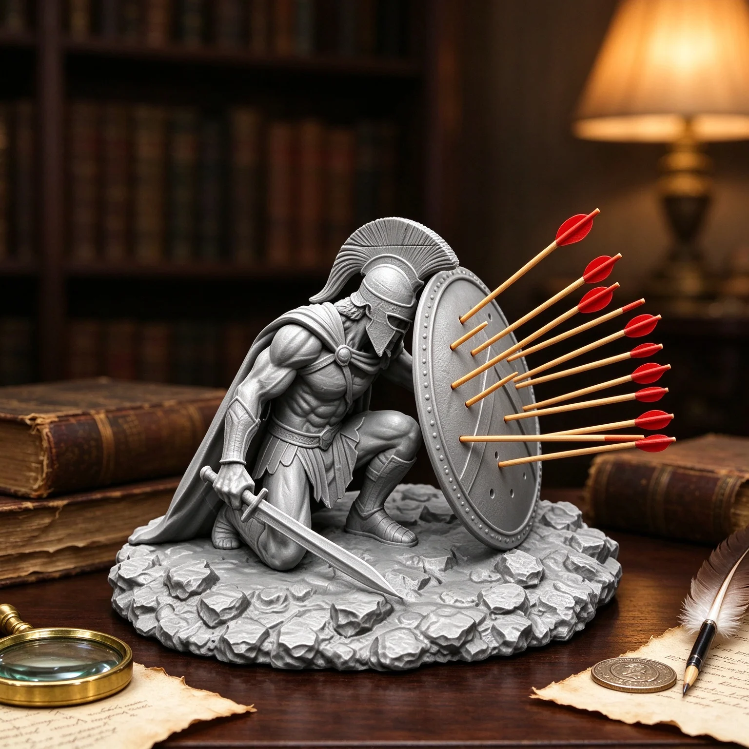Novel Kneeling Greek Spartan Statue with Arrows and Shield Toothpick Holder Desktop Ornament 3D Printed
