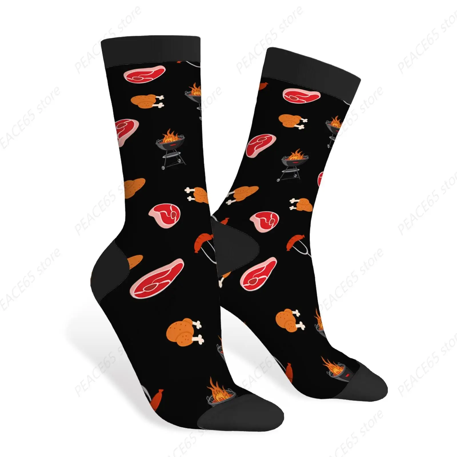 Barbecue Funny Socks Meat Roast Chicken Legs Ham Sausage Grill Hot Pot Stand Novelty Casual Crew Socks Contrast Color Design