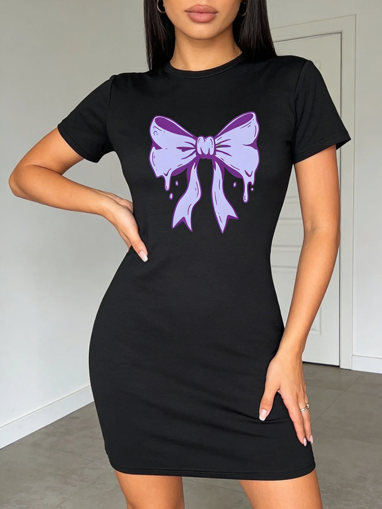 Women's Casual Bow-Print Dress, Machine Washable, Suitable for All Seasons, Fashionable and Trendy Clothing