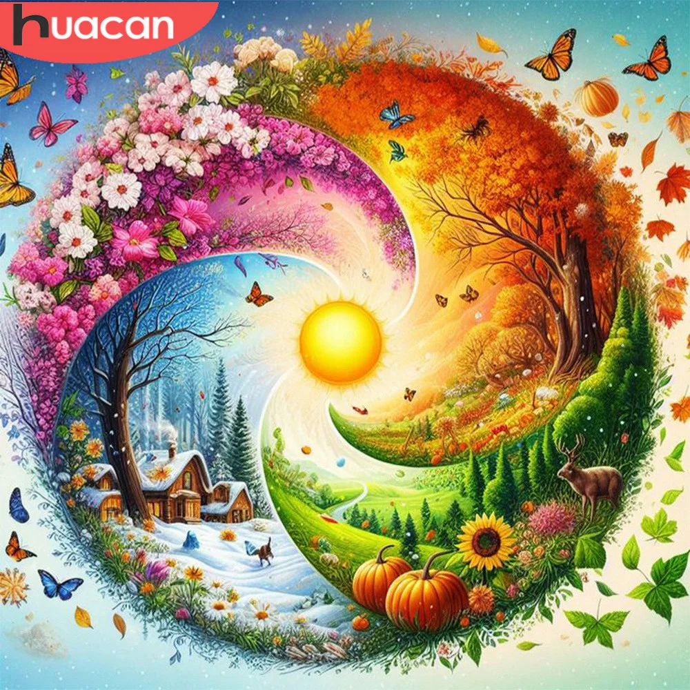 HUACAN Diamond Mosaic Landscape 5D Butterfly Flower The Sun Painting Full Square Round Arts And Crafts Home Decoration