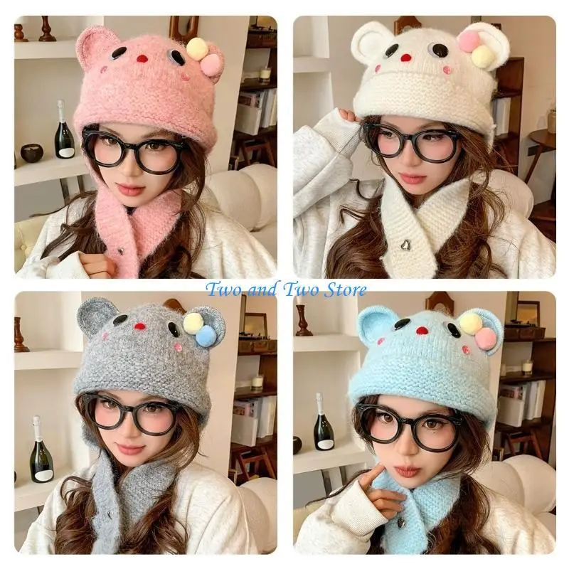 

HX6F Knit Bear Hat White Soft Headwear for Women Winter Cycling Climbing Skiing