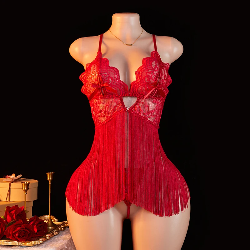 Transparent Lace Women Red Strap Tassel Skirt Nightgown Thong Set Underwear Deep V Bow Bra Sexy Lingerie view 3