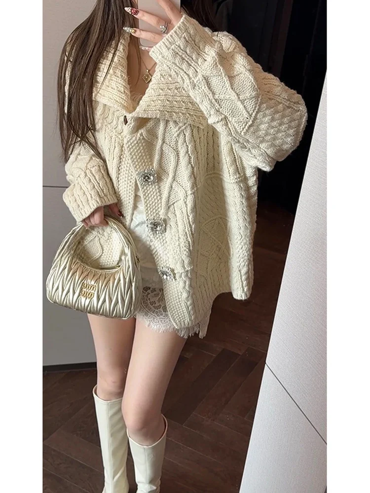 

Женский мягкий шерстяной кардиган Yulu с узором «бриллиант» и витым цветочным дизайном, зимний вязаный топ