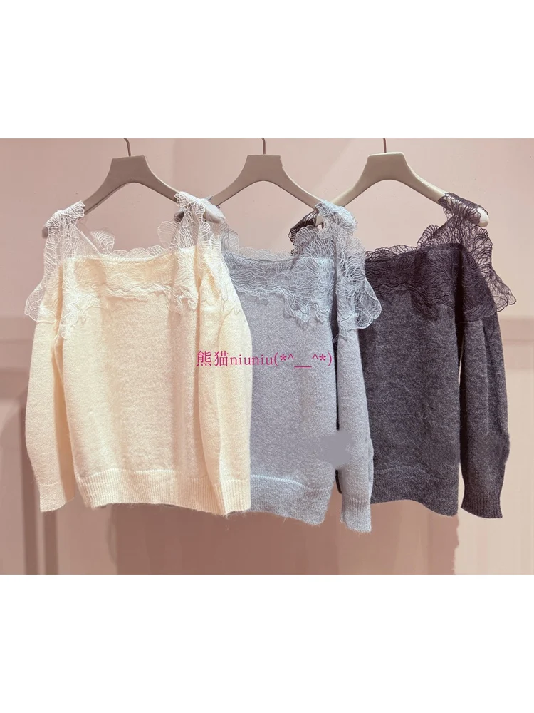 

Sweet Style Lace Splice One Shoulder Knitted Sweater Pure Quality S Home Elegant Personality 2025 New Color Ladies Fashion