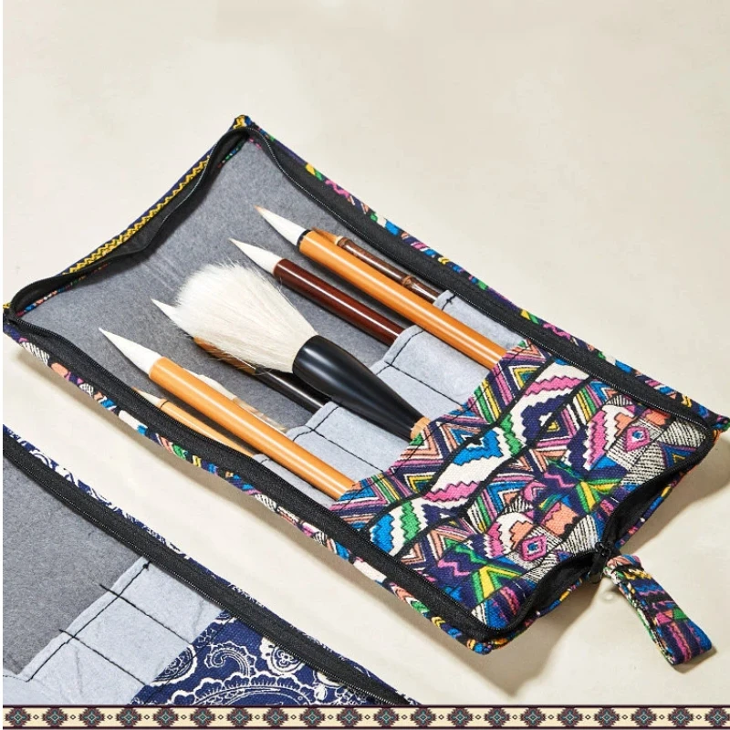 Vintage Chinese Zipper Fabric Brush Roll Portable Calligraphy Brush Storage Bag Artist Writing Pen Holder for Painting Supplies