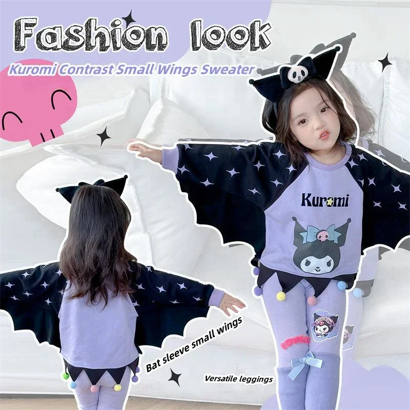 Kawaii Kuromi Halloween Wings Children Pullover Anime Sanrio Girls Long Sleeved New Sweet Sweater Autumn Cartoon Christmas Gifts