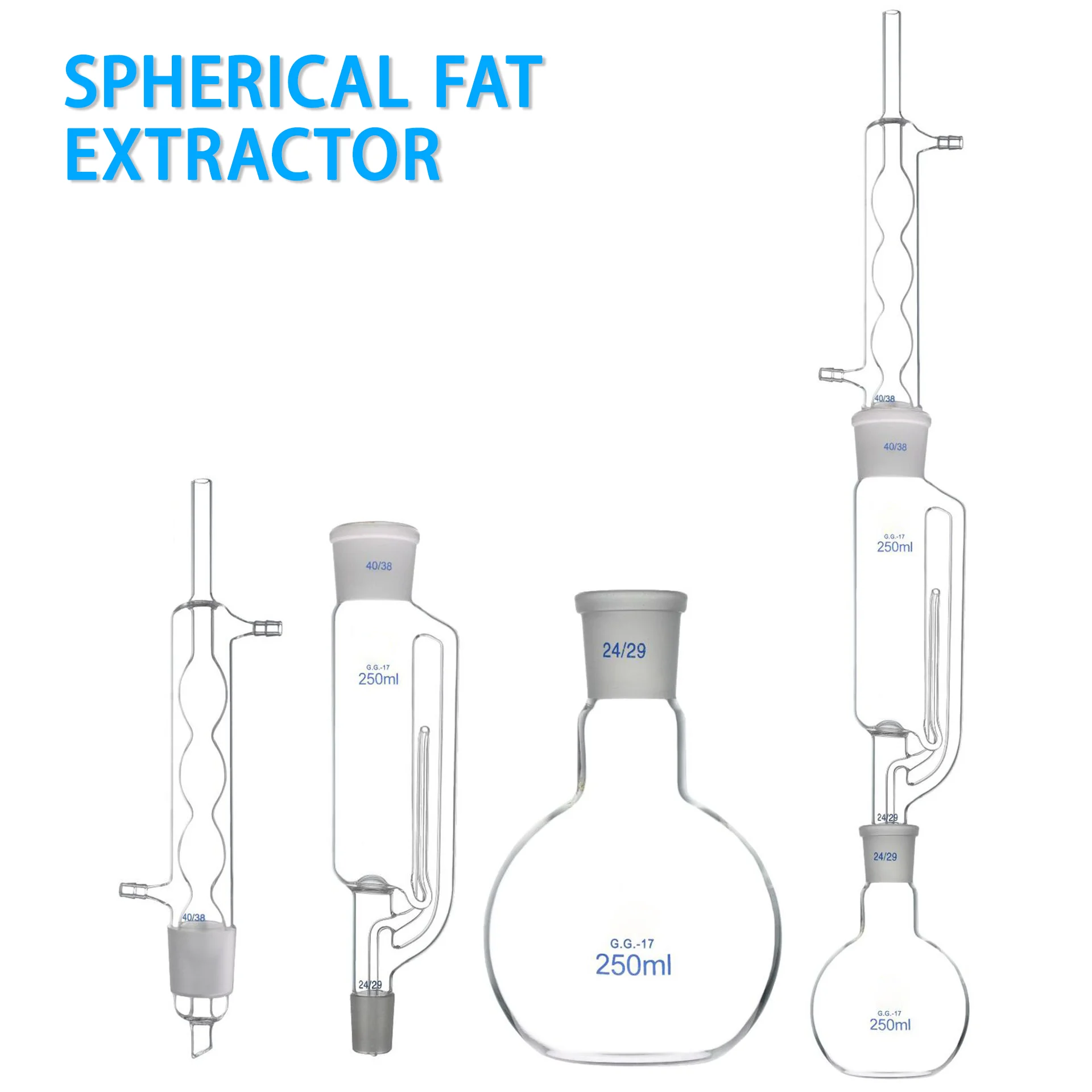 Soxhlet extractor de grasa esférica, frasco de fondo plano de destilación engrosada de alto borosilicato, 150/250/500/1000 ml