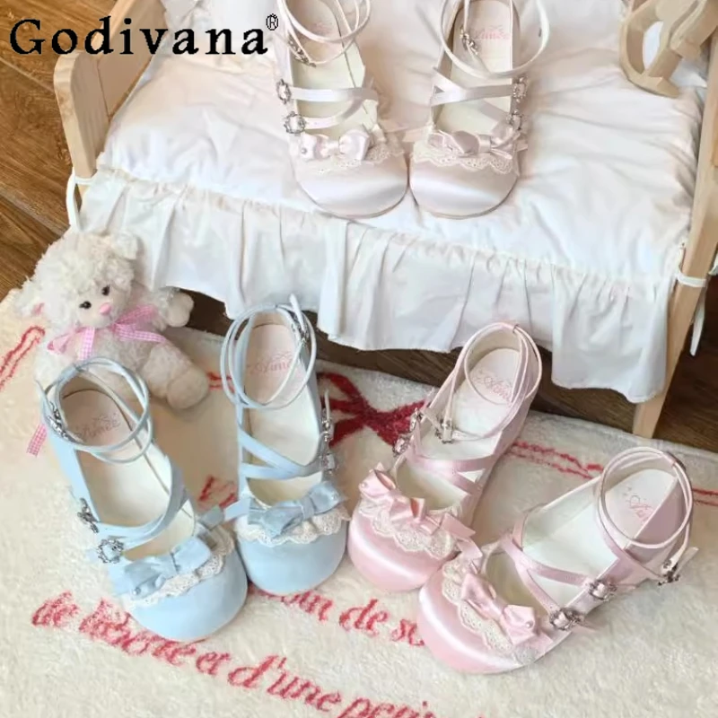 レディース向け和風ロリータシューズ 可愛いスイートドール ヴィンテージ ハイヒールパンプス 女性用 春夏 ピンクのリボンレースシューズ