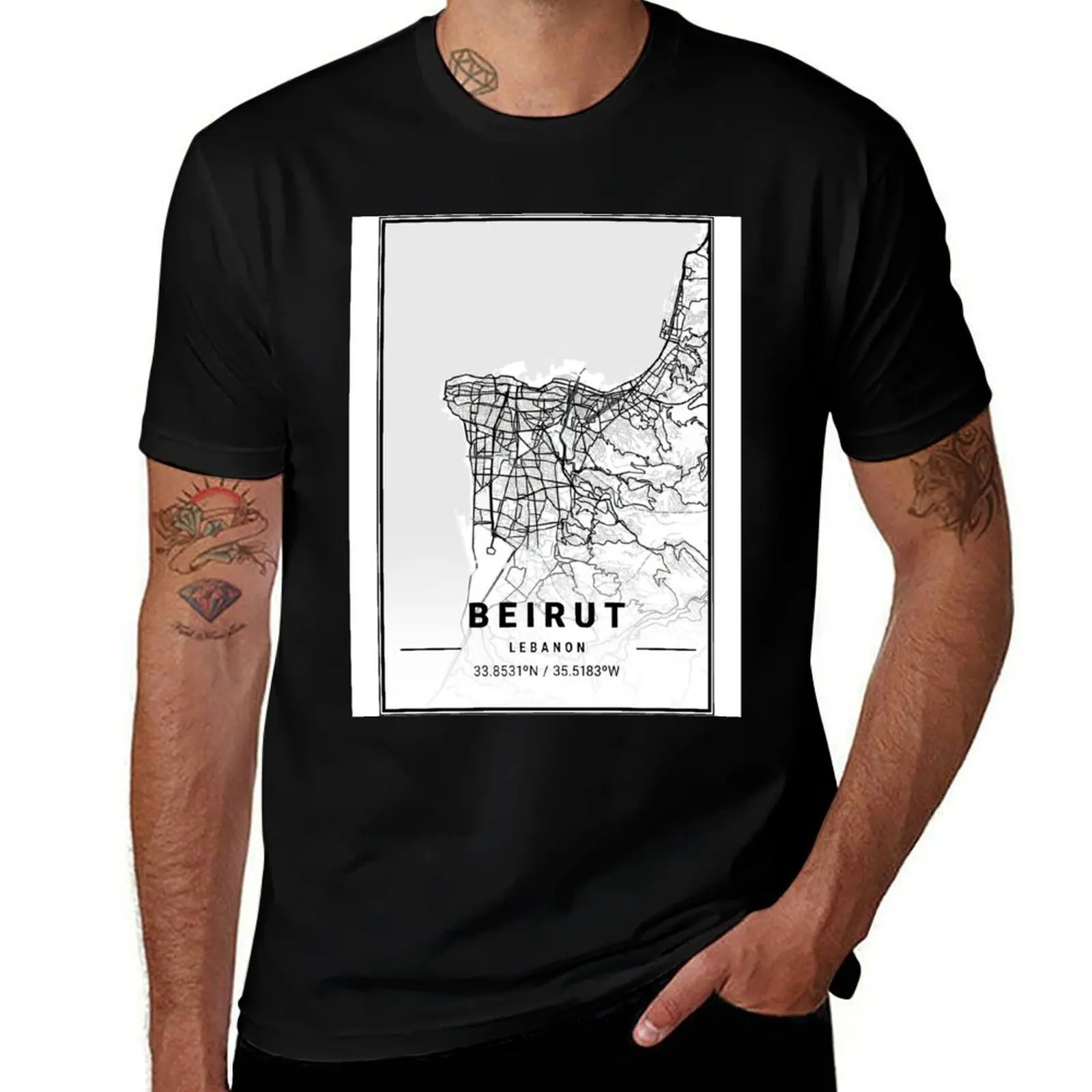 City Map of Beirut Lebanon black and white T-Shirt Everyday Wear Basic Short Sleeve Top