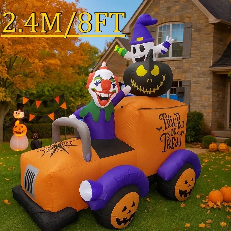 8FT Halloween Holiday Lighting Inflatable Toys Clown Ghost Truck Built-in LEDs for Garden Yard Party Decoration Blow Up Model