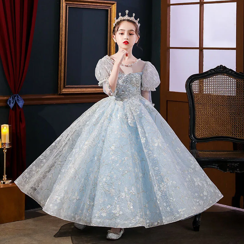 Elegant Princess Dress For Girls Ankle-Length Sequins Blue Lace Bridesmaid Evening Prom Kids Dresses Wedding Party Costumes